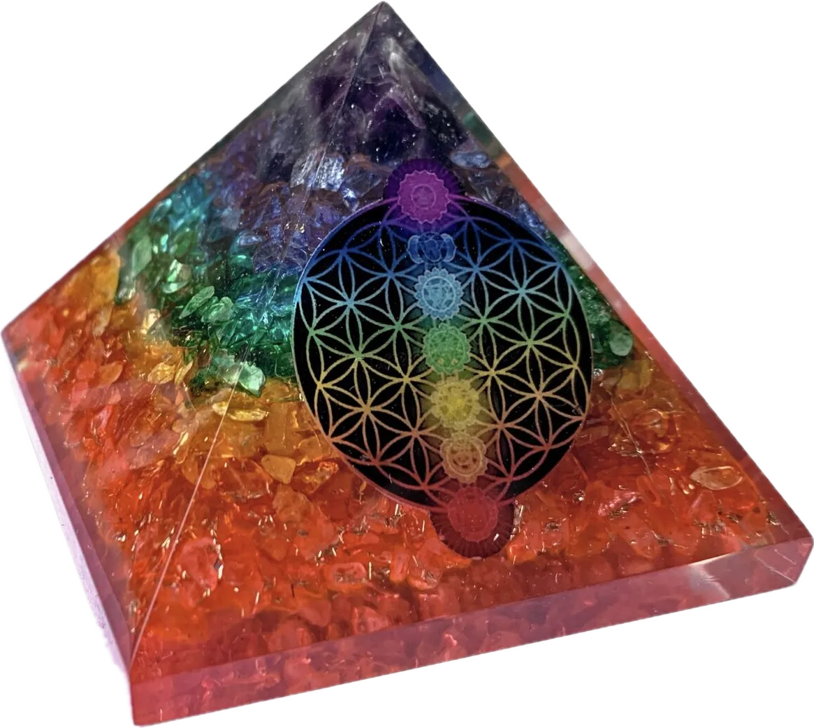 Handmade Chonit orgonite pyramid “Chakra Mix” in rainbow colours with the “Flower of Life” symbol