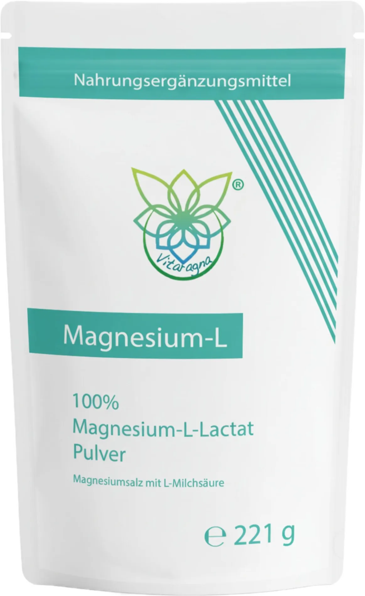 Vitaragna Magnesium-L, magnesium L-lactate powder in a stand-up pouch, 221 g